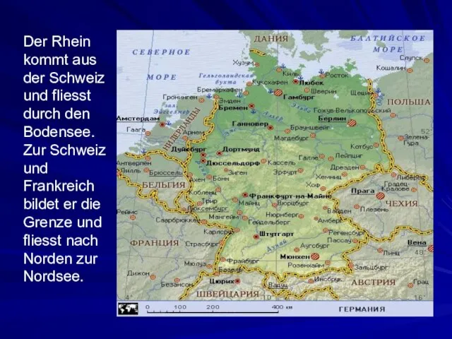 Der Rhein kommt aus der Schweiz und fliesst durch den Bodensee.