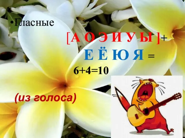 Гласные [А О Э И У Ы ]+ Е Ё Ю Я = 6+4=10 (из голоса)