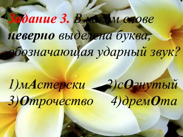 Задание 3. В каком слове неверно выделена буква, обозначающая ударный звук? 1)мАстерски 2)сОгнутый 3)Отрочество 4)дремОта