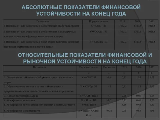 АБСОЛЮТНЫЕ ПОКАЗАТЕЛИ ФИНАНСОВОЙ УСТОЙЧИВОСТИ НА КОНЕЦ ГОДА ОТНОСИТЕЛЬНЫЕ ПОКАЗАТЕЛИ ФИНАНСОВОЙ И РЫНОЧНОЙ УСТОЙЧИВОСТИ НА КОНЕЦ ГОДА