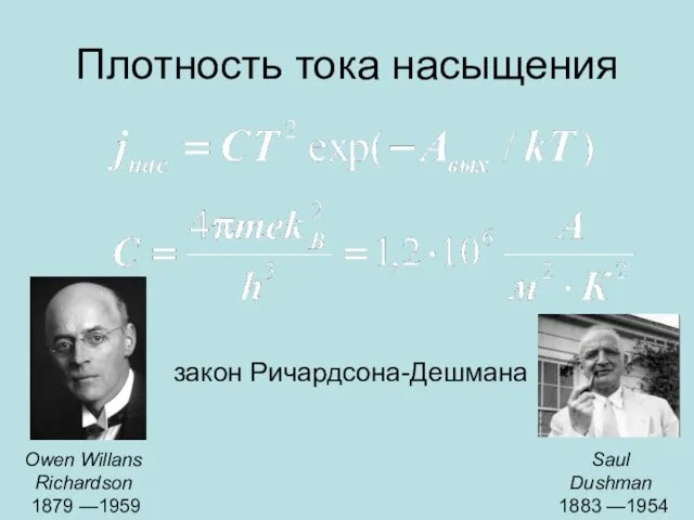 Плотность тока насыщения закон Ричардсона-Дешмана Owen Willans Richardson 1879 —1959 Saul Dushman 1883 —1954