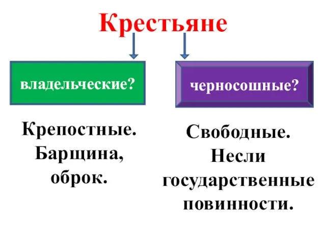 Крестьяне владельческие? черносошные? Крепостные. Барщина, оброк. Свободные. Несли государственные повинности.