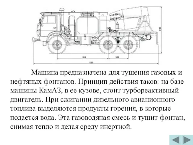 Машина предназначена для тушения газовых и нефтяных фонтанов. Принцип действия таков: