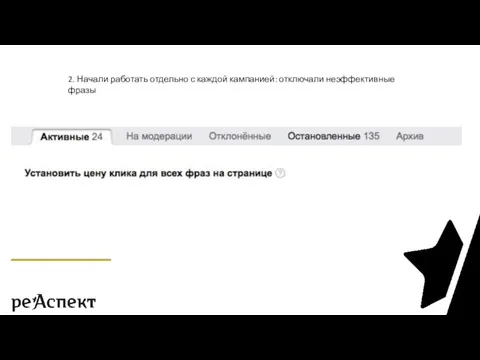 2. Начали работать отдельно с каждой кампанией: отключали неэффективные фразы