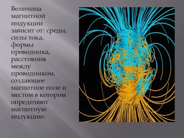 Величина магнитной индукции зависит от: среды, силы тока, формы проводника, расстояния