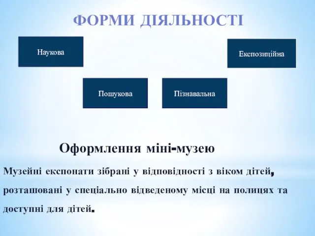 Оформлення міні-музею Музейні експонати зібрані у відповідності з віком дітей, розташовані