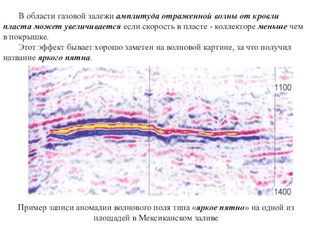 В области газовой залежи амплитуда отраженной волны от кровли пласта может