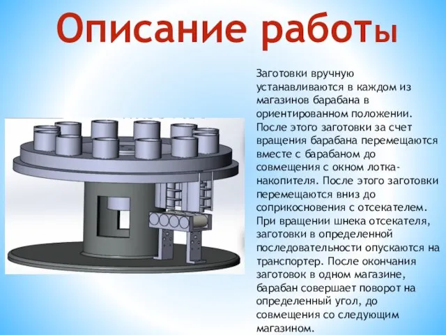 Заготовки вручную устанавливаются в каждом из магазинов барабана в ориентированном положении.