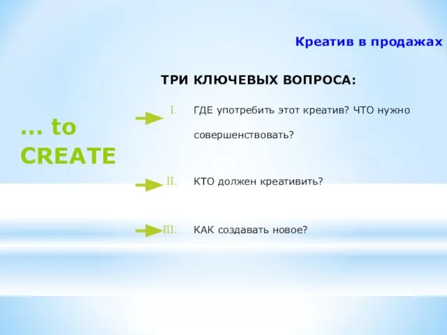 Креатив в продажах ТРИ КЛЮЧЕВЫХ ВОПРОСА: ГДЕ употребить этот креатив? ЧТО