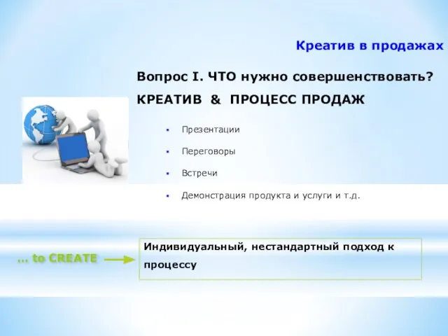 Креатив в продажах Вопрос I. ЧТО нужно совершенствовать? КРЕАТИВ & ПРОЦЕСС