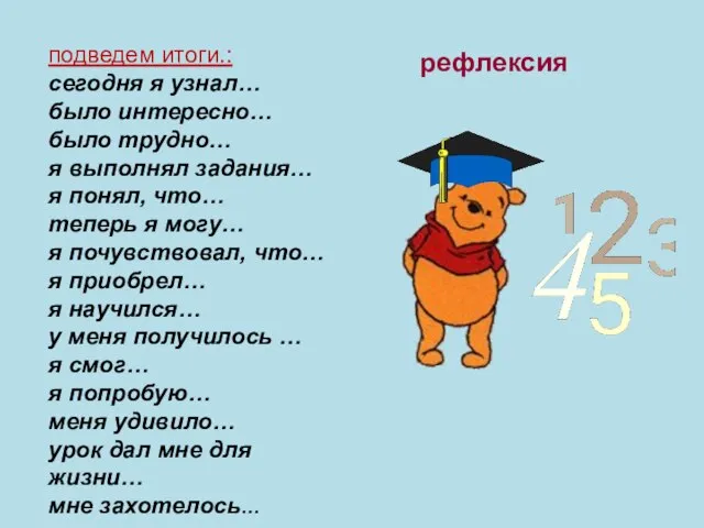 рефлексия подведем итоги.: сегодня я узнал… было интересно… было трудно… я