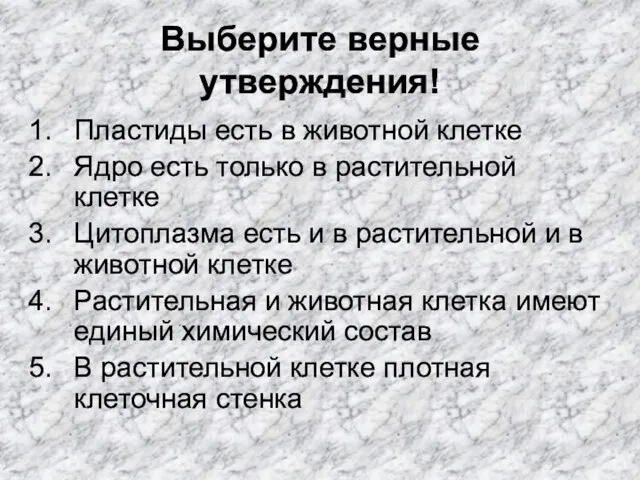 Выберите верные утверждения! Пластиды есть в животной клетке Ядро есть только