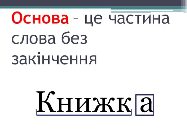 Основа – це частина слова без закінчення Книжк а