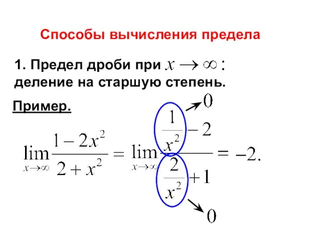 Способы вычисления предела 1. Предел дроби при деление на старшую степень. Пример.