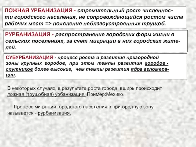 ЛОЖНАЯ УРБАНИЗАЦИЯ - стремительный рост численнос- ти городского населения, не сопровождающийся