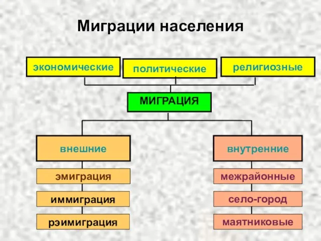 Миграции населения внешние внутренние эмиграция иммиграция рэимиграция межрайонные село-город маятниковые МИГРАЦИЯ экономические религиозные политические