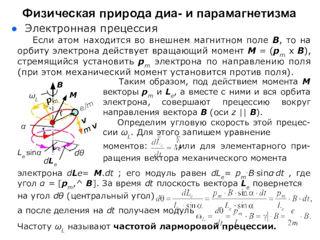 dθ электрона dLe= M.dt ; его модуль равен dLe= pm.B.sinα.dt ,