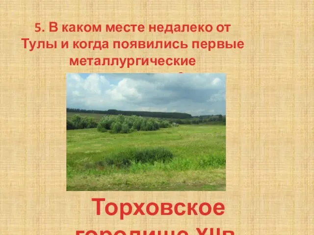 5. В каком месте недалеко от Тулы и когда появились первые металлургические производства? Торховское городище,XIIв.