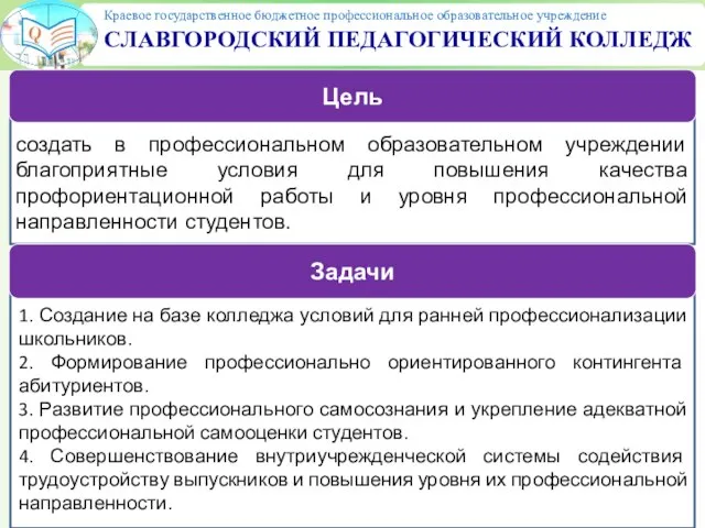 1. Создание на базе колледжа условий для ранней профессионализации школьников. 2.