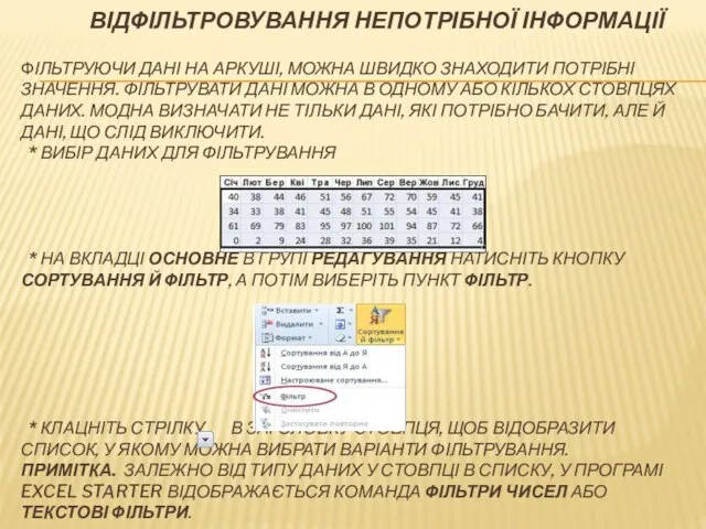 ВІДФІЛЬТРОВУВАННЯ НЕПОТРІБНОЇ ІНФОРМАЦІЇ ФІЛЬТРУЮЧИ ДАНІ НА АРКУШІ, МОЖНА ШВИДКО ЗНАХОДИТИ ПОТРІБНІ