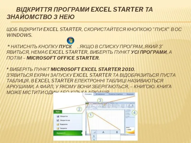 ВІДКРИТТЯ ПРОГРАМИ EXCEL STARTER ТА ЗНАЙОМСТВО З НЕЮ ЩОБ ВІДКРИТИ EXCEL