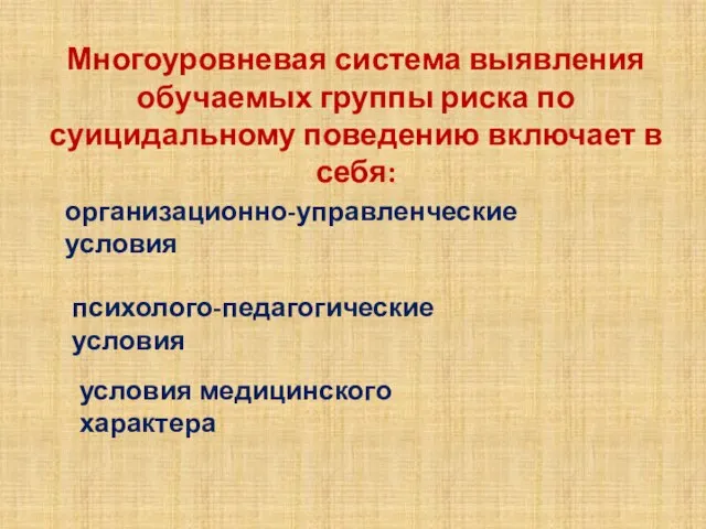 Многоуровневая система выявления обучаемых группы риска по суицидальному поведению включает в