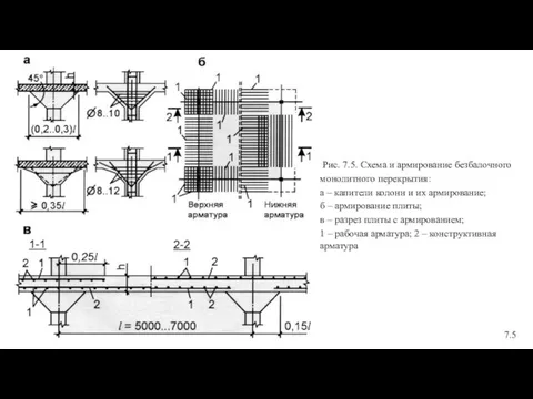 Рис. 7.5. Схема и армирование безбалочного монолитного перекрытия: а – капители