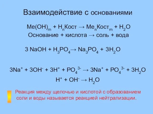 Взаимодействие с основаниями Ме(ОН)m + НnКост → MenКостm + H2O Основание