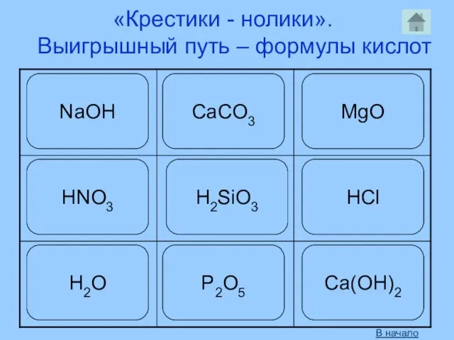 «Крестики - нолики». Выигрышный путь – формулы кислот NaOH CaCO3 MgO