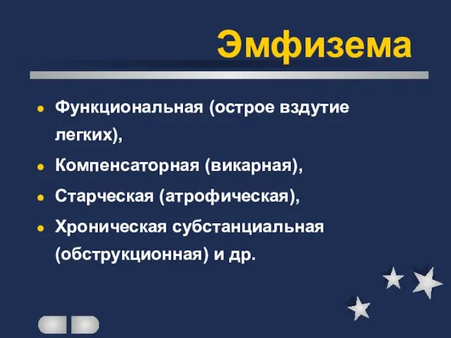 Эмфизема Функциональная (острое вздутие легких), Компенсаторная (викарная), Старческая (атрофическая), Хроническая субстанциальная (обструкционная) и др.