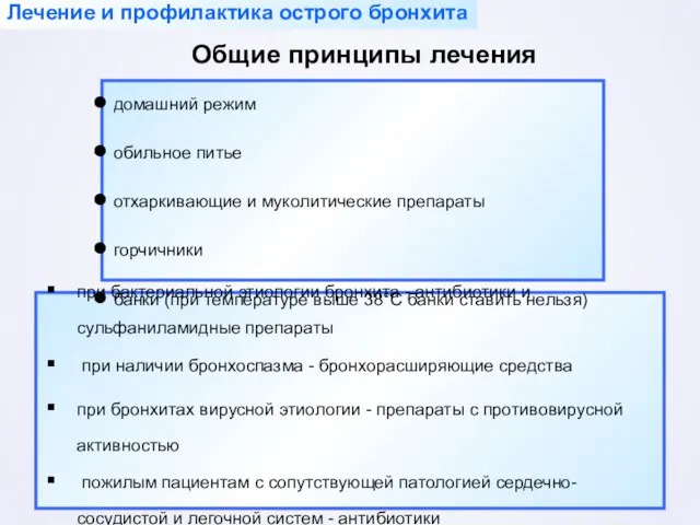 при бактериальной этиологии бронхита - антибиотики и сульфаниламидные препараты при наличии