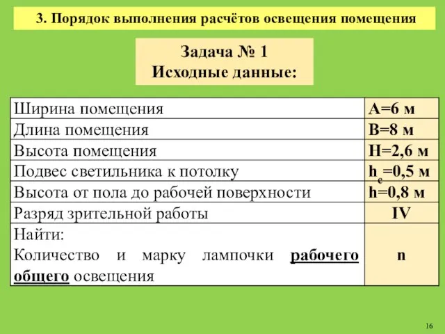 3. Порядок выполнения расчётов освещения помещения Задача № 1 Исходные данные: