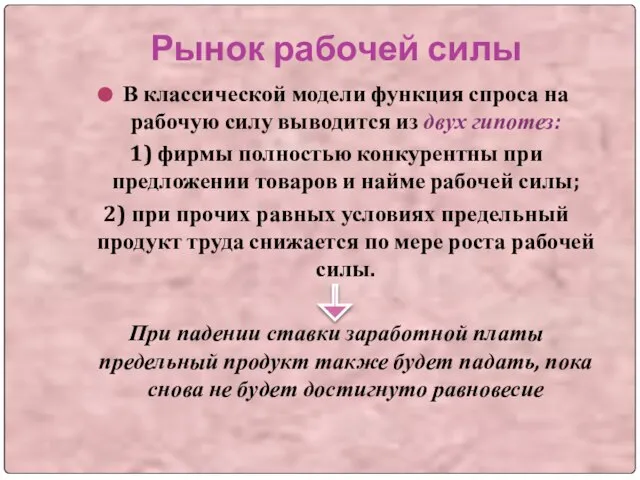 Рынок рабочей силы В классической модели функция спроса на рабочую силу