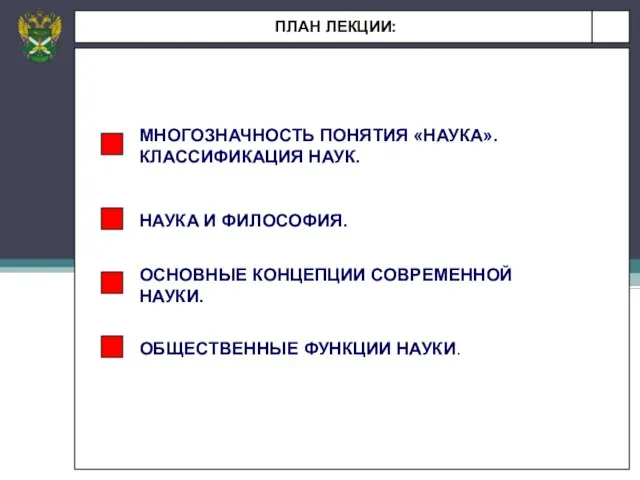 ПЛАН ЛЕКЦИИ: МНОГОЗНАЧНОСТЬ ПОНЯТИЯ «НАУКА». КЛАССИФИКАЦИЯ НАУК. НАУКА И ФИЛОСОФИЯ. ОСНОВНЫЕ