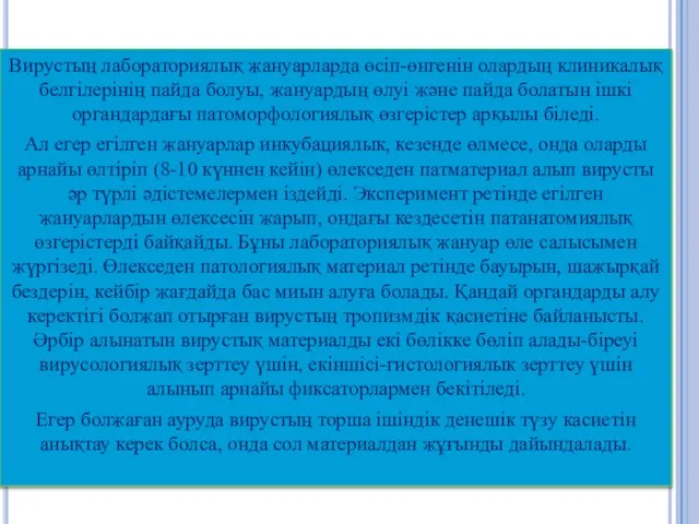 Вирустың лабораториялық жануарларда өсіп-өнгенін олардың клиникалық белгілерінің пайда болуы, жануардың өлуі