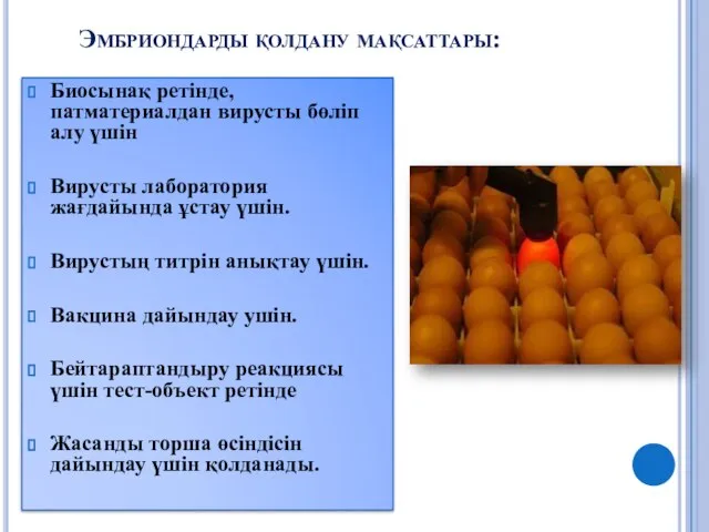 Эмбриондарды қолдану мақсаттары: Биосынақ ретінде, патматериалдан вирусты бөліп алу үшін Вирусты