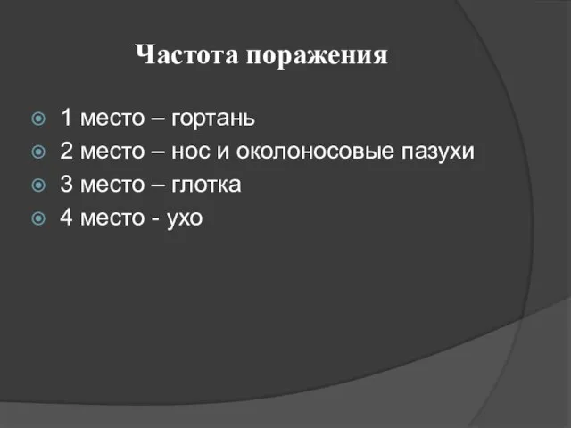 Частота поражения 1 место – гортань 2 место – нос и