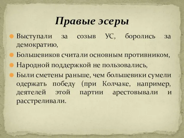 Выступали за созыв УС, боролись за демократию, Большевиков считали основным противником,