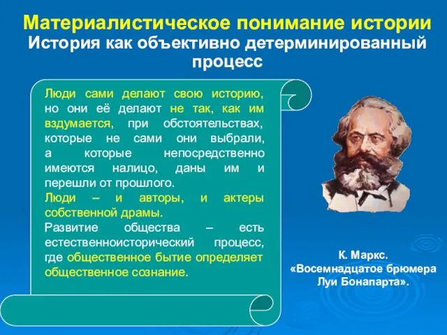 Материалистическое понимание истории История как объективно детерминированный процесс К. Маркс. «Восемнадцатое