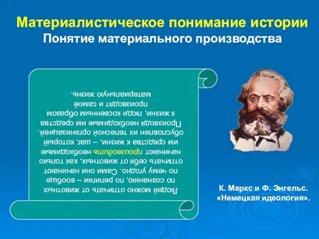 Материалистическое понимание истории Понятие материального производства Людей можно отличать от животных