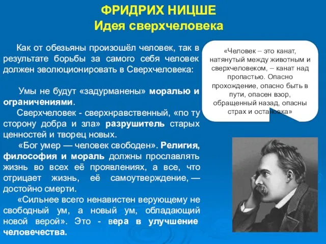 ФРИДРИХ НИЦШЕ Идея сверхчеловека «Человек – это канат, натянутый между животным