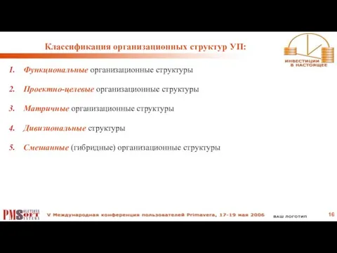 Классификация организационных структур УП: Функциональные организационные структуры Проектно-целевые организационные структуры Матричные