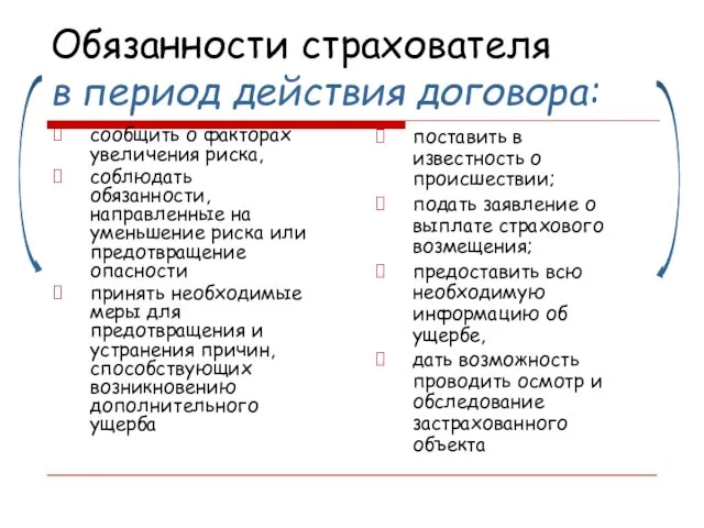 Обязанности страхователя в период действия договора: сообщить о факторах увеличения риска,