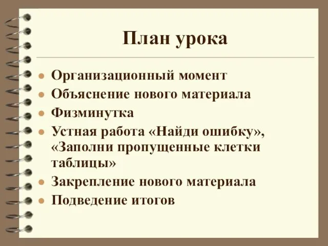 План урока Организационный момент Объяснение нового материала Физминутка Устная работа «Найди