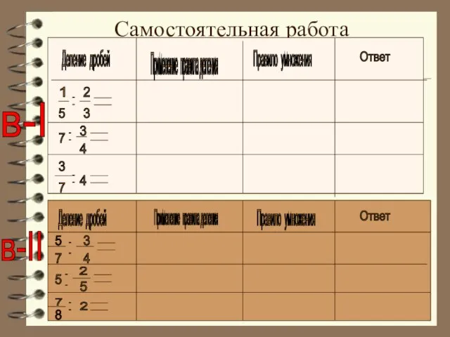 Самостоятельная работа Деление дробей Применение правила деления Правило умножения Ответ 1