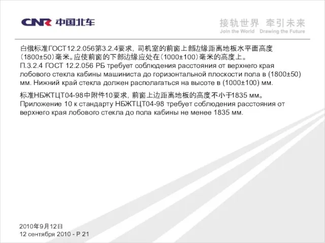 2010年9月12日 12 сентября 2010 - P 白俄标准ГОСТ12.2.056第3.2.4要求，司机室的前窗上部边缘距离地板水平面高度（1800±50）毫米。应使前窗的下部边缘应处在（1000±100）毫米的高度上。 П.3.2.4 ГОСТ 12.2.056 РБ