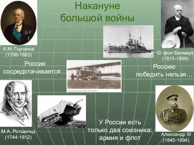 Накануне большой войны А.М. Горчаков (1798-1883) Россия сосредотачивается… О. фон Бисмарк
