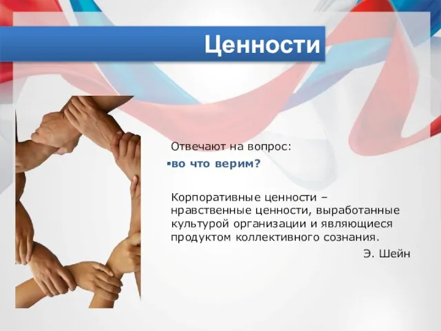 Ценности Отвечают на вопрос: во что верим? Корпоративные ценности – нравственные