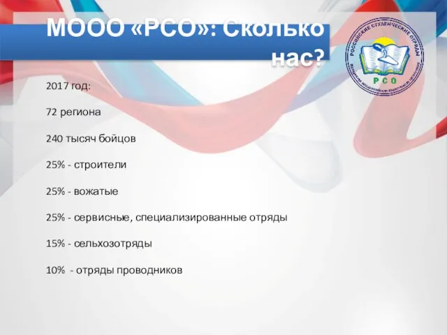 МООО «РСО»: Сколько нас? 2017 год: 72 региона 240 тысяч бойцов