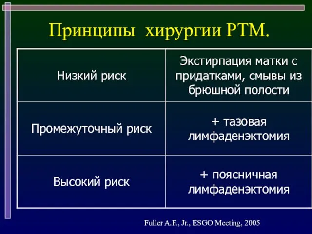 Принципы хирургии РТМ. Fuller A.F., Jr., ESGO Meeting, 2005